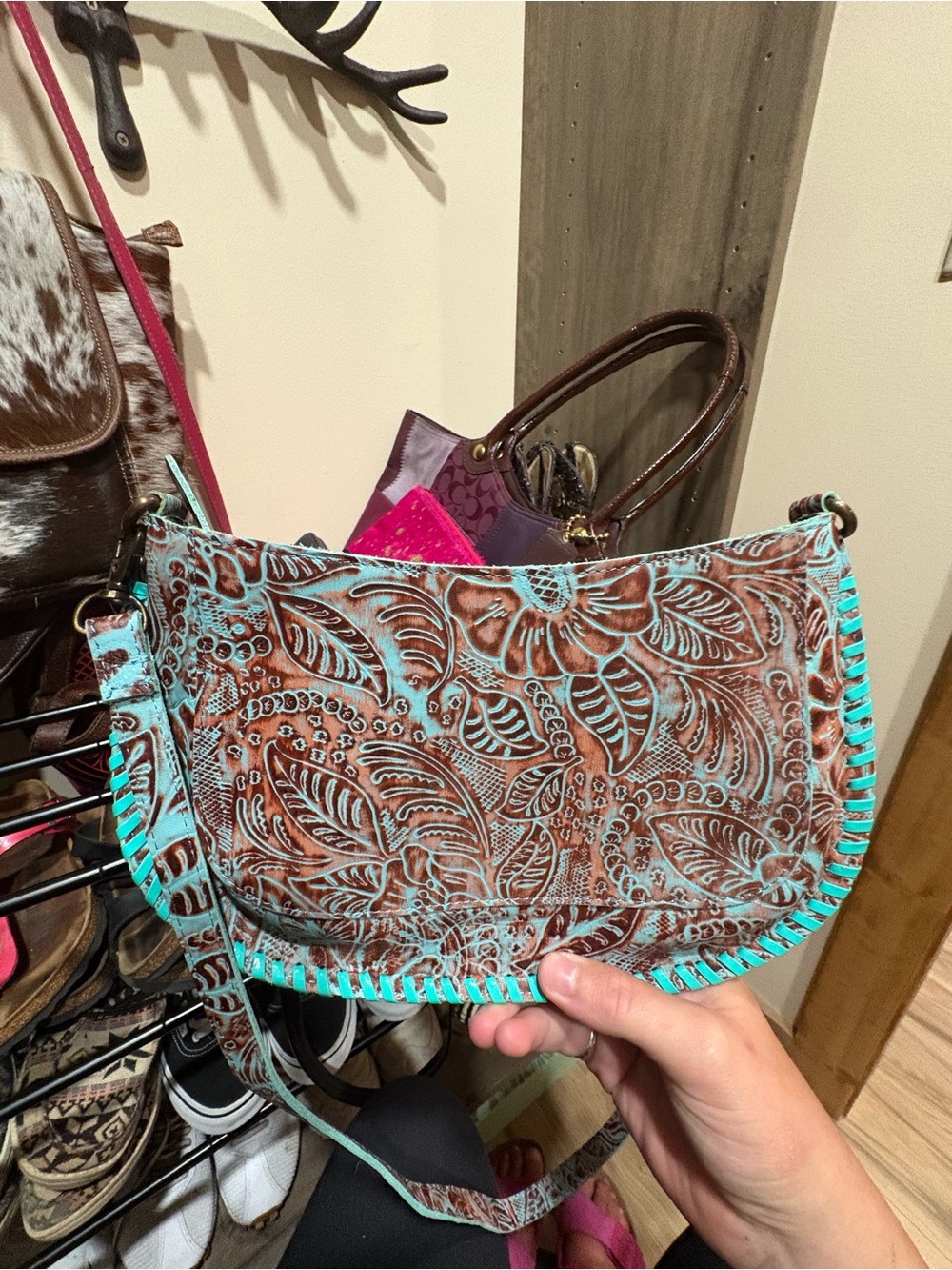 Turquoise-Accented Floral Tooled Leather Crossbody Bag